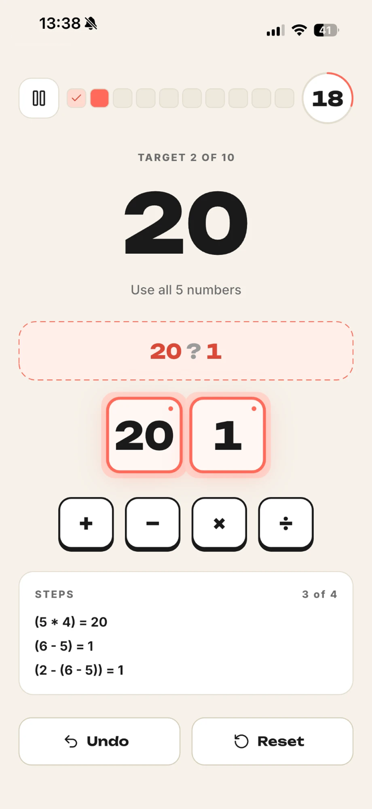 Gameplay screen showing target 20, selected number tiles, operators, and step history