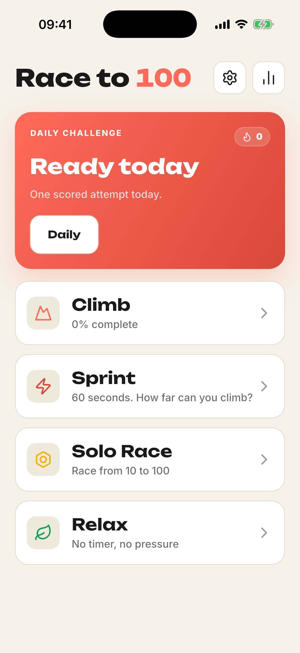 Race to 100 home screen with Daily Challenge, Climb, Sprint, Solo Race, and Relax modes