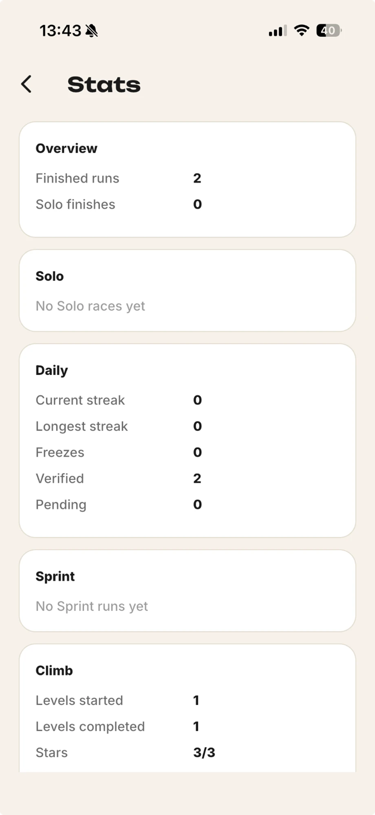 Stats screen showing Race to 100 progress and lifetime totals